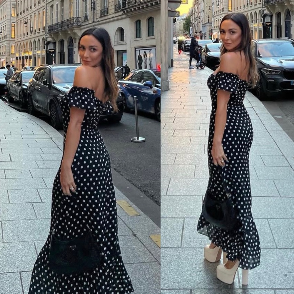Reformation Black Polka Dot Off-Shoulder Midi Dress